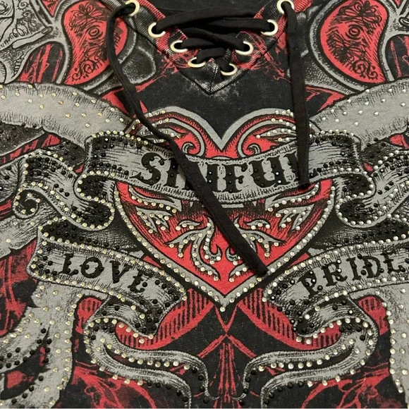 Sinful by Affliction Rhinestone Graphic Tee Shirt top Lace-Up XL USA McBling Y2K - Picture 5 of 7